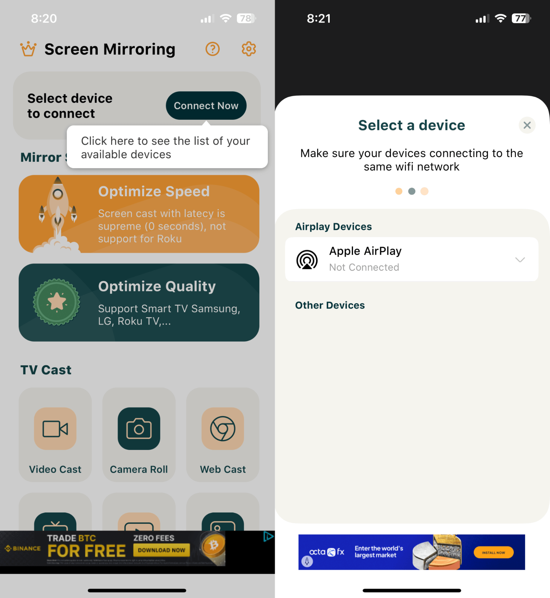Képernyőkimenet - TV Cast app