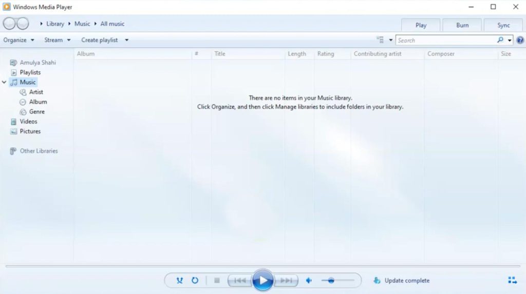 Windows Media Player の再生セクション WMPインターフェイス