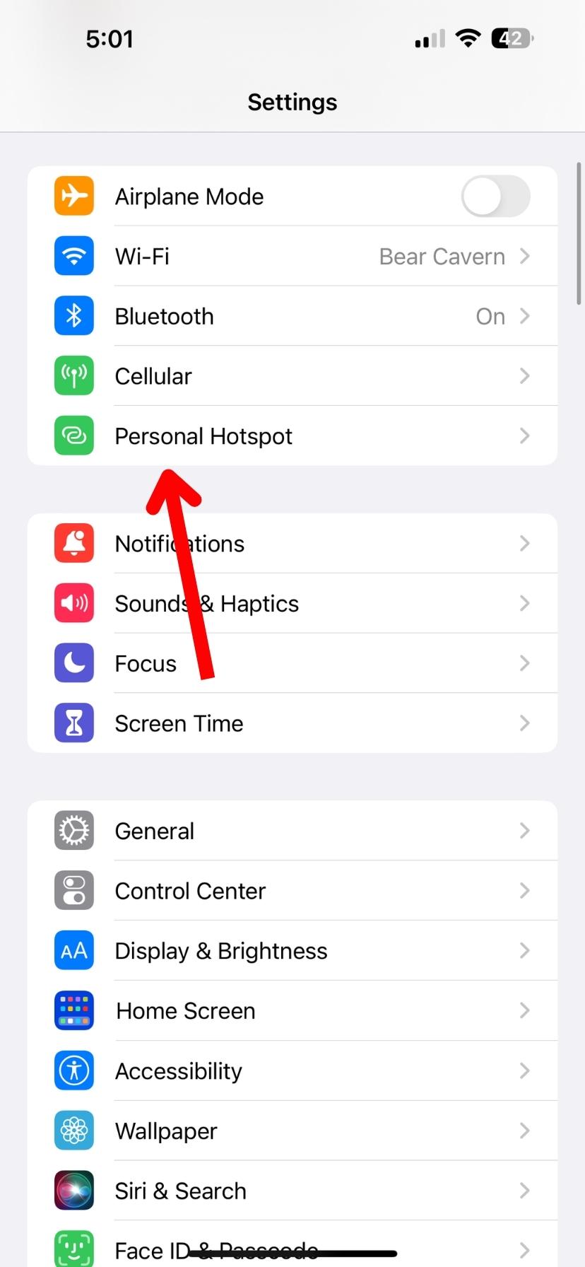 Skærmbillede af iPhone's indstillinger