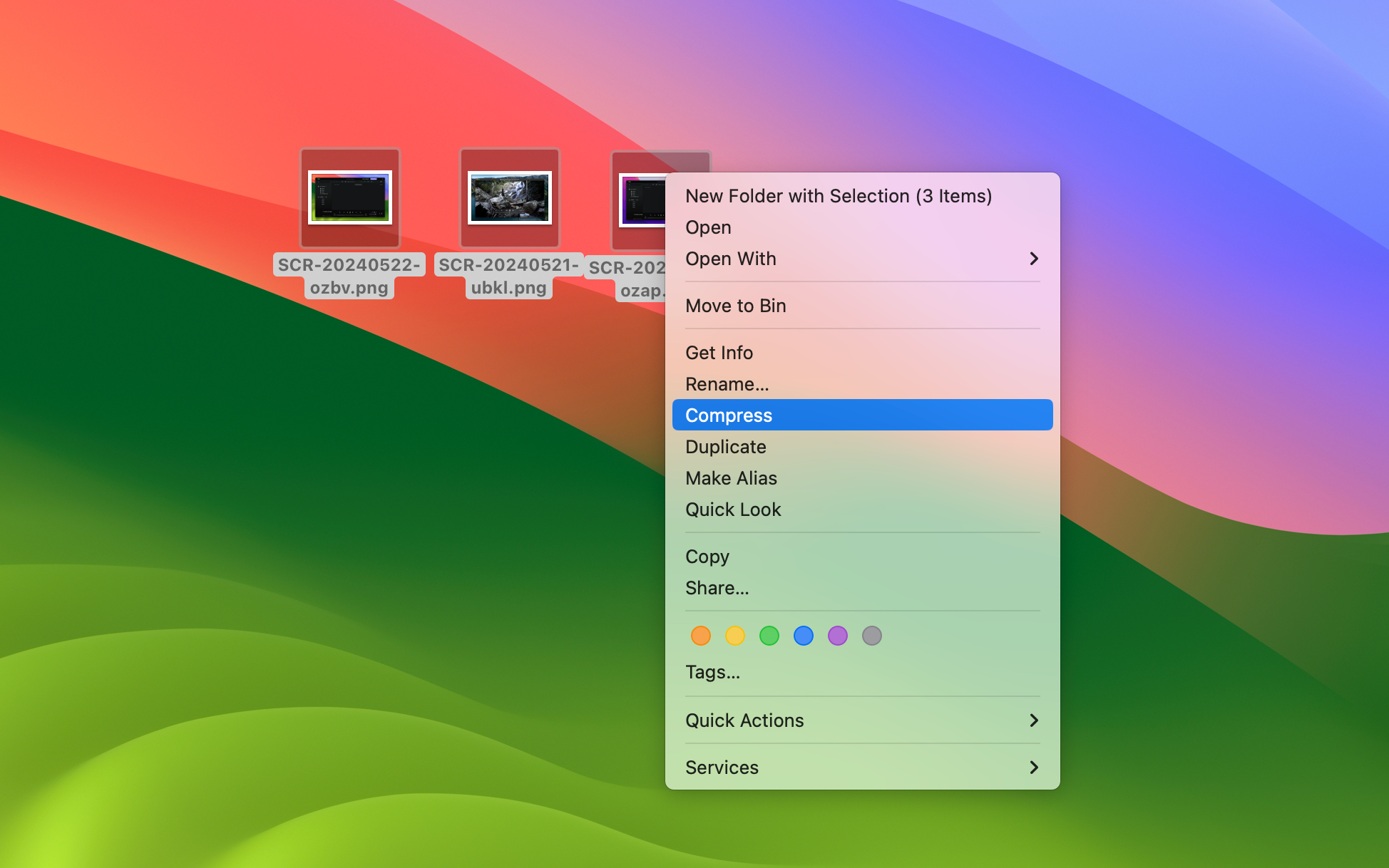 Um ausgewählte Dateien zu komprimieren, klicken Sie auf „Komprimieren“. Das Kontextmenü mit der Option „Komprimieren“ im Finder