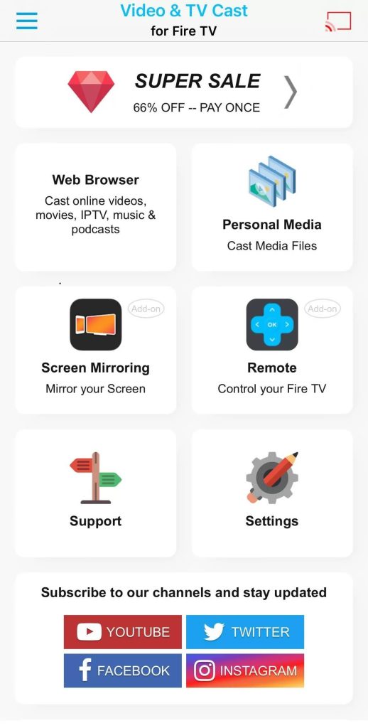 The main dashboard of the TV Cast for Fire TV app