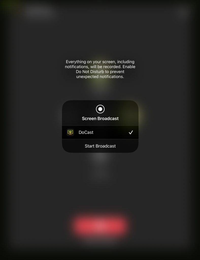 DoCast screen broadcasting window on iPad