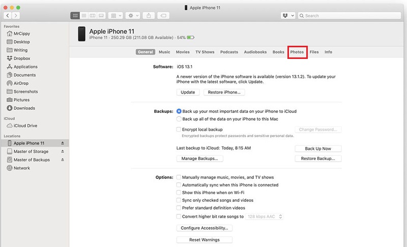 click the Photos tab at the top of the window Steps to transfer photos iPhone to Mac via Finder