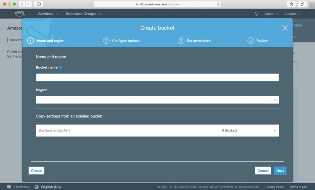 Amazon S3バケットを作成する手順。 Amazon S3バケットを作成する手順。
