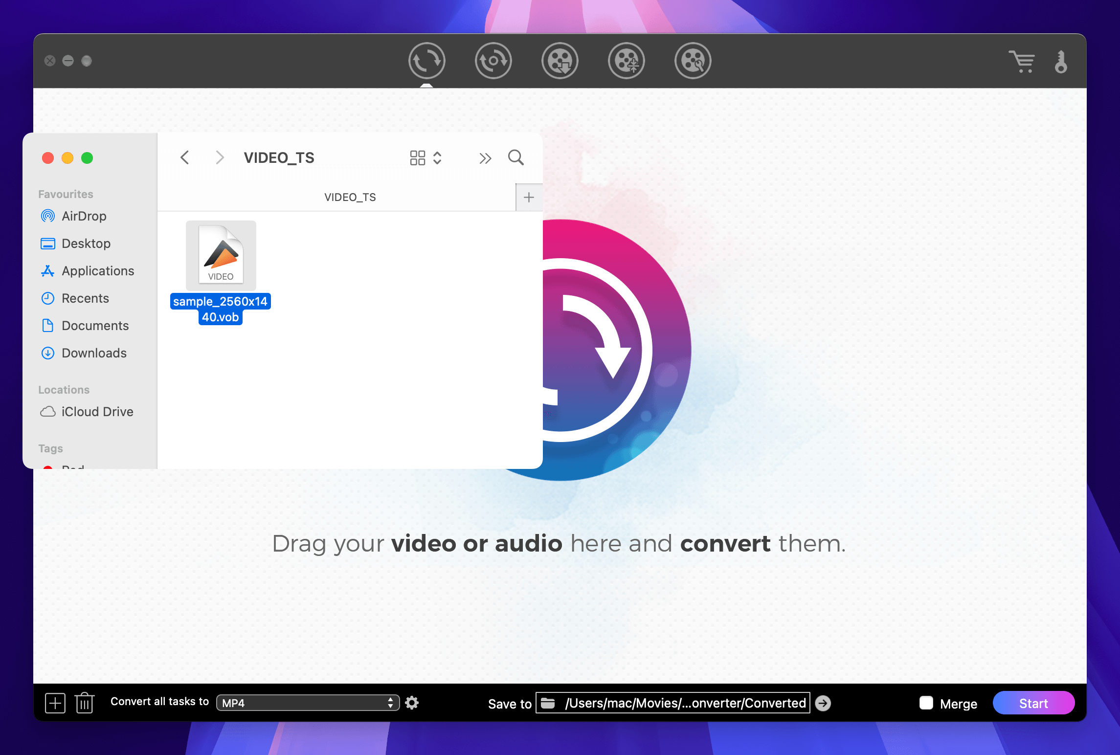 Drag & drop a VOB file into the Cisdem Converter Cisdem Converter app is opened