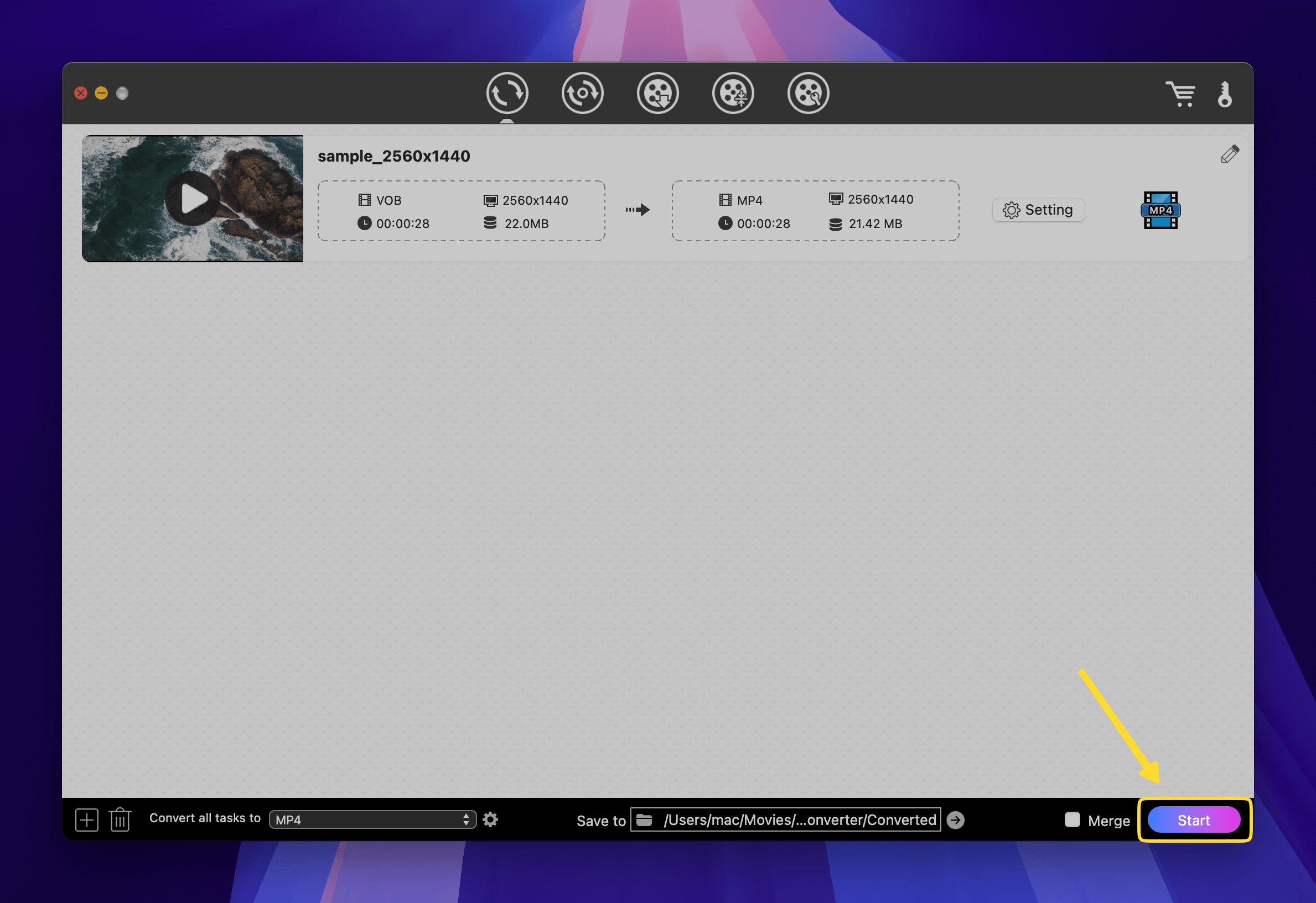Click the "Start" button to begin the VOB to MP4 conversion "Start" button of the Cisdem Video Converter