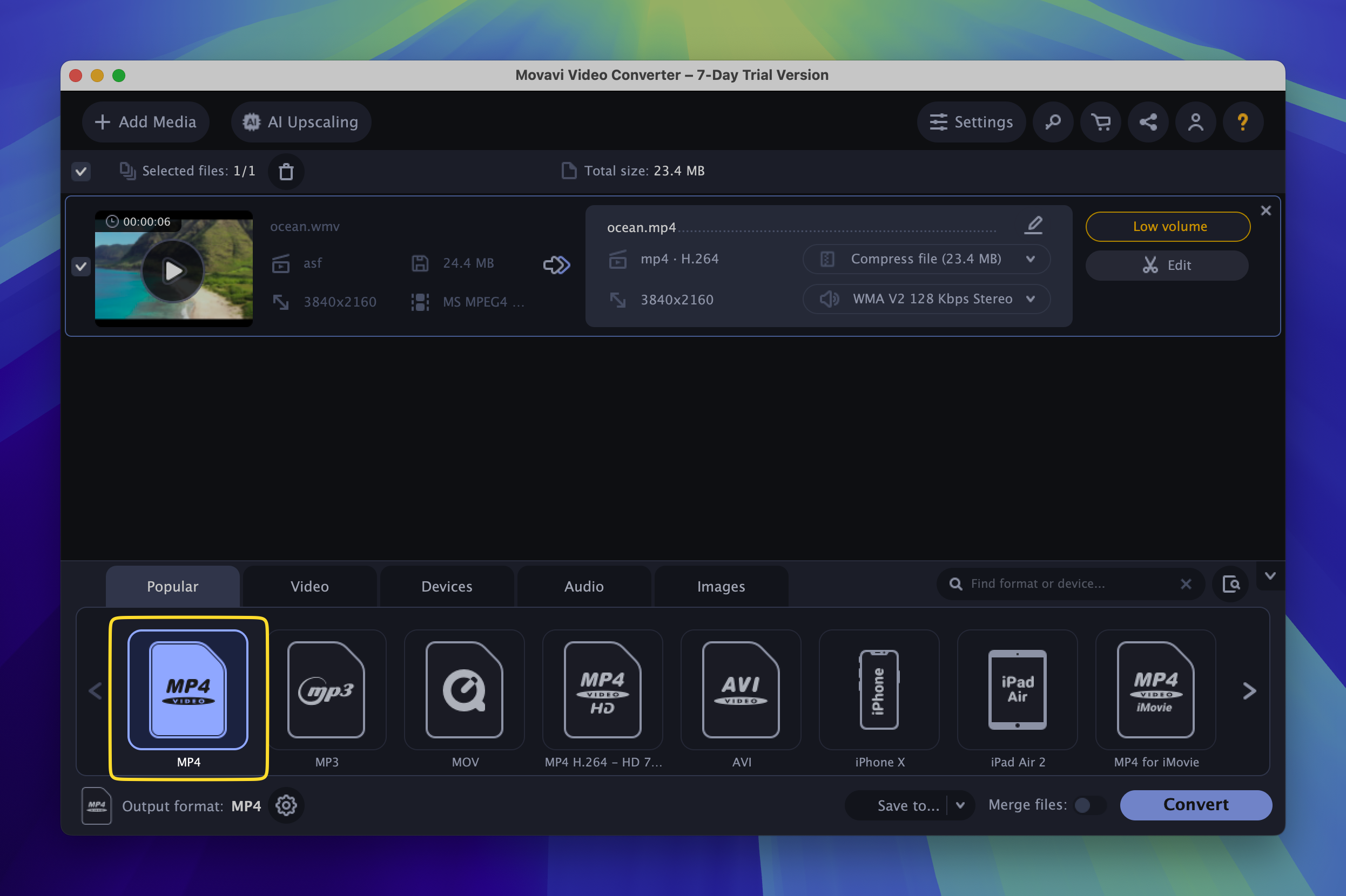 Select the MP4 from the list of the output formats MP4 is selected in the list of the output formats