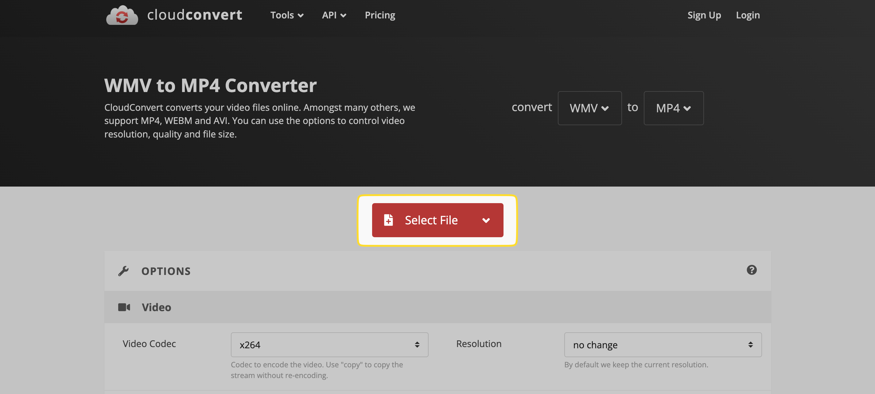 Click the "Select File" button on the WMV to MP4 conversion page CloudConvert WMV to MP4 Conversion page screenshot