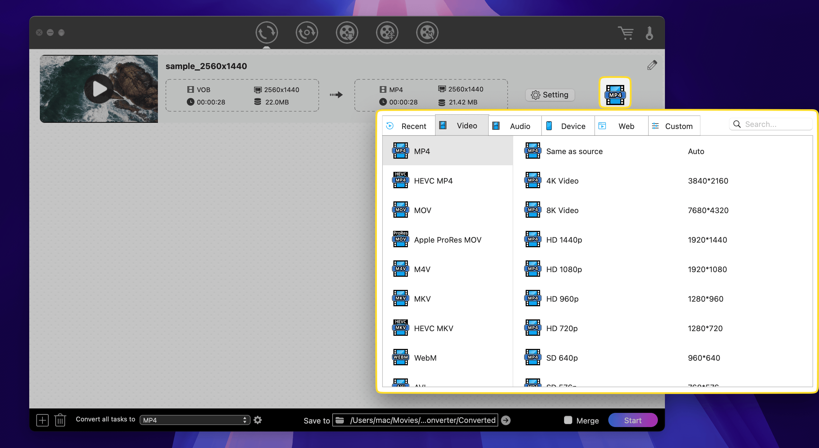 Select MP4 from the drop down list of the output formats "Output Format" button is demonstrated