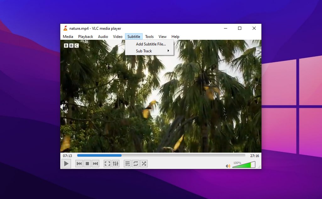Select Subtitle in the menu bar of the VLC application Subtitle section in the menu bar of the VLC player