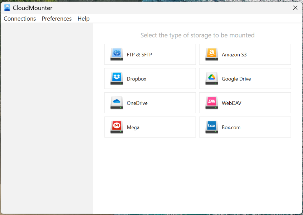 Select the type of connection in CloudMounter on Windows Pick FTP and G Drive in CloudMounter on Windows PC